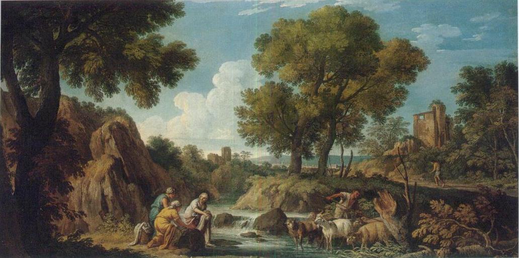 A pair of landscape with shepards near a stream
