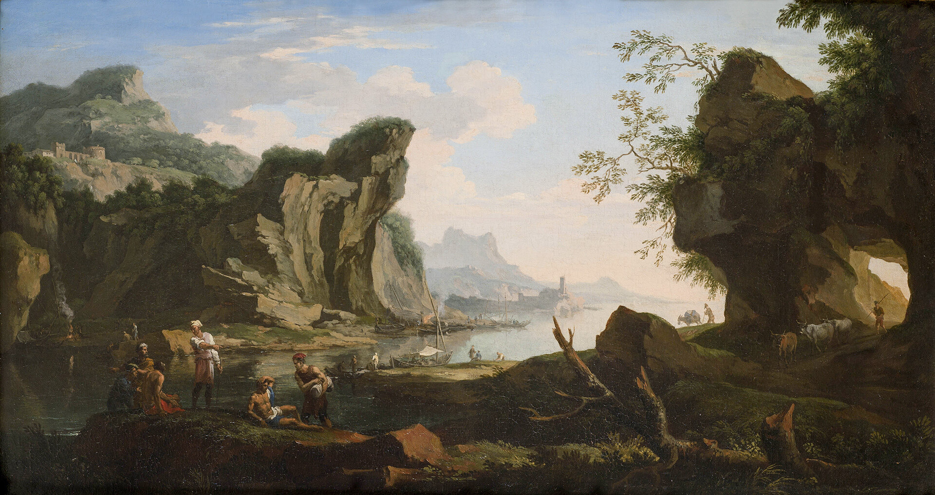 Coastal scene with a natural arch, fishermen and shepherds