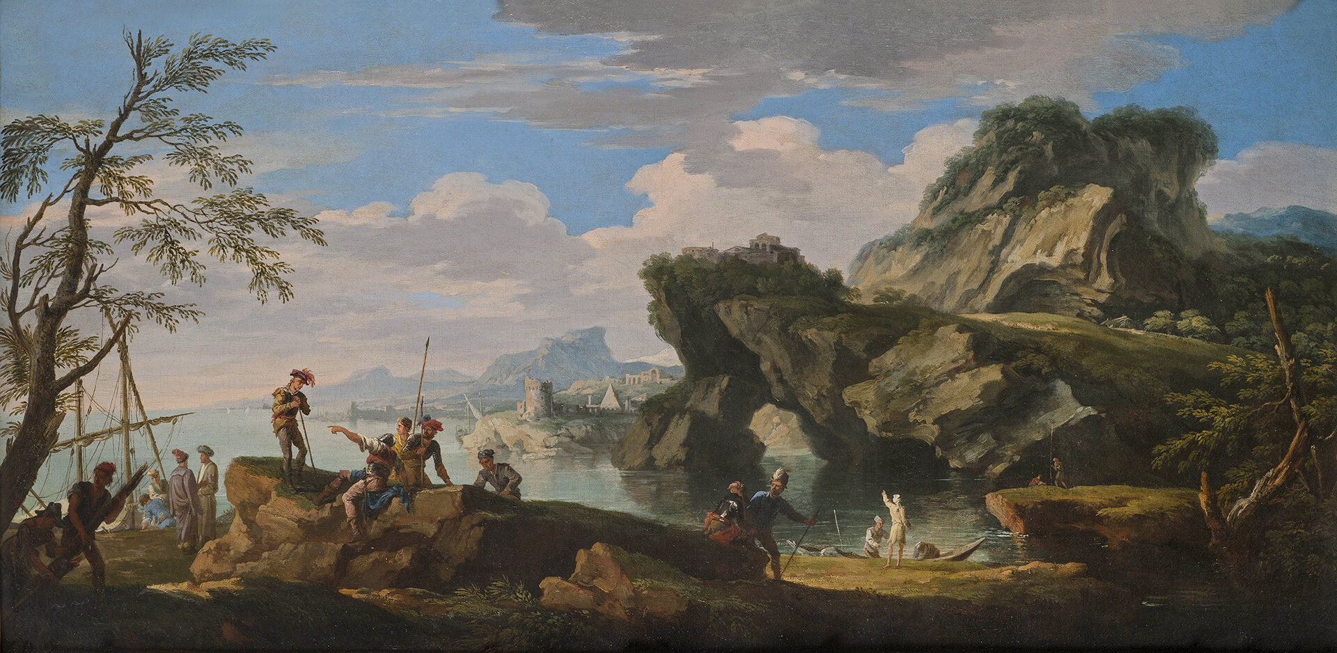 Harbour scene with classical ruins and the Piramide Cestia in the background