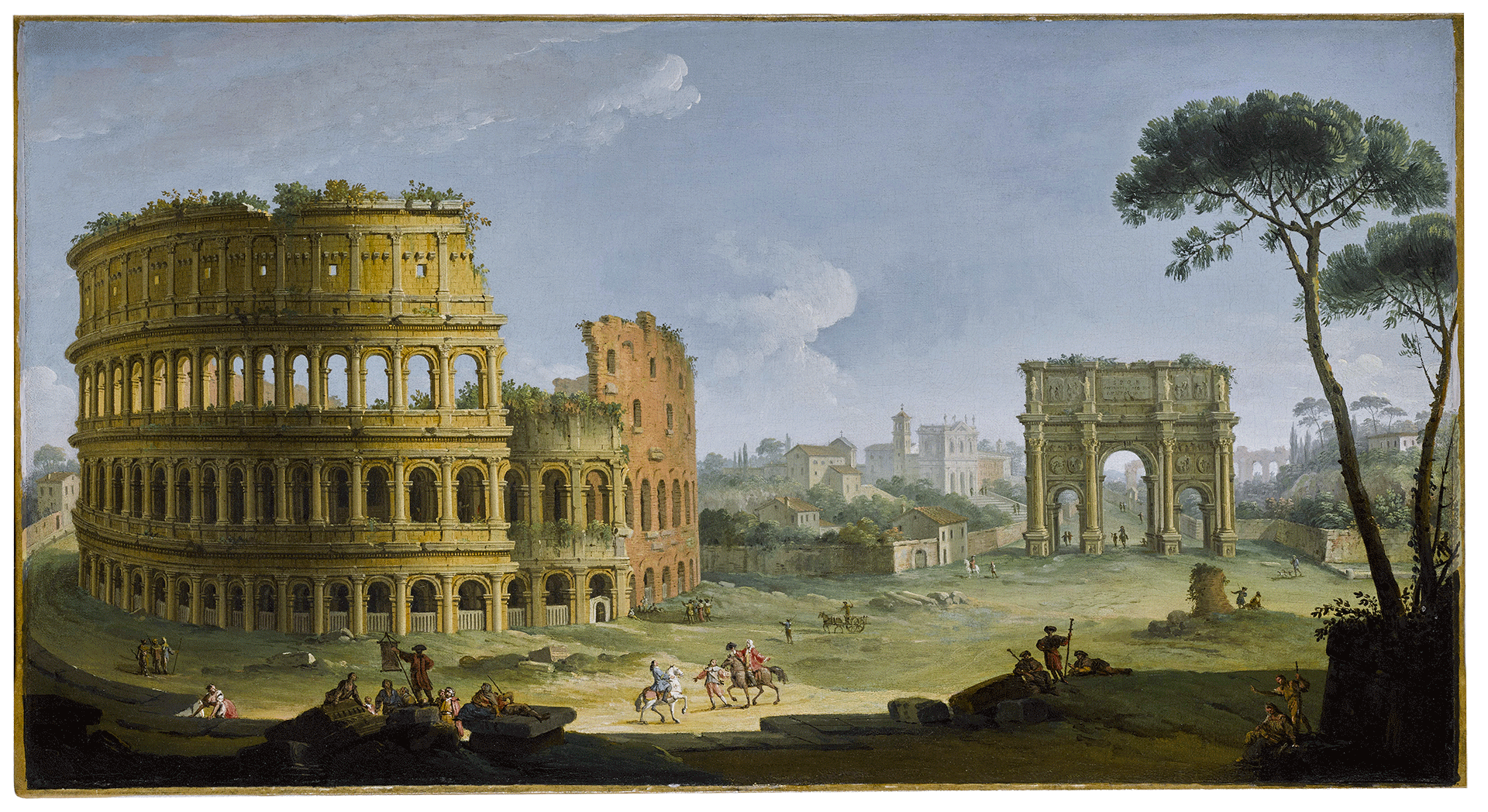 Rome, A view of the Colosseum and the Arch of Constantine