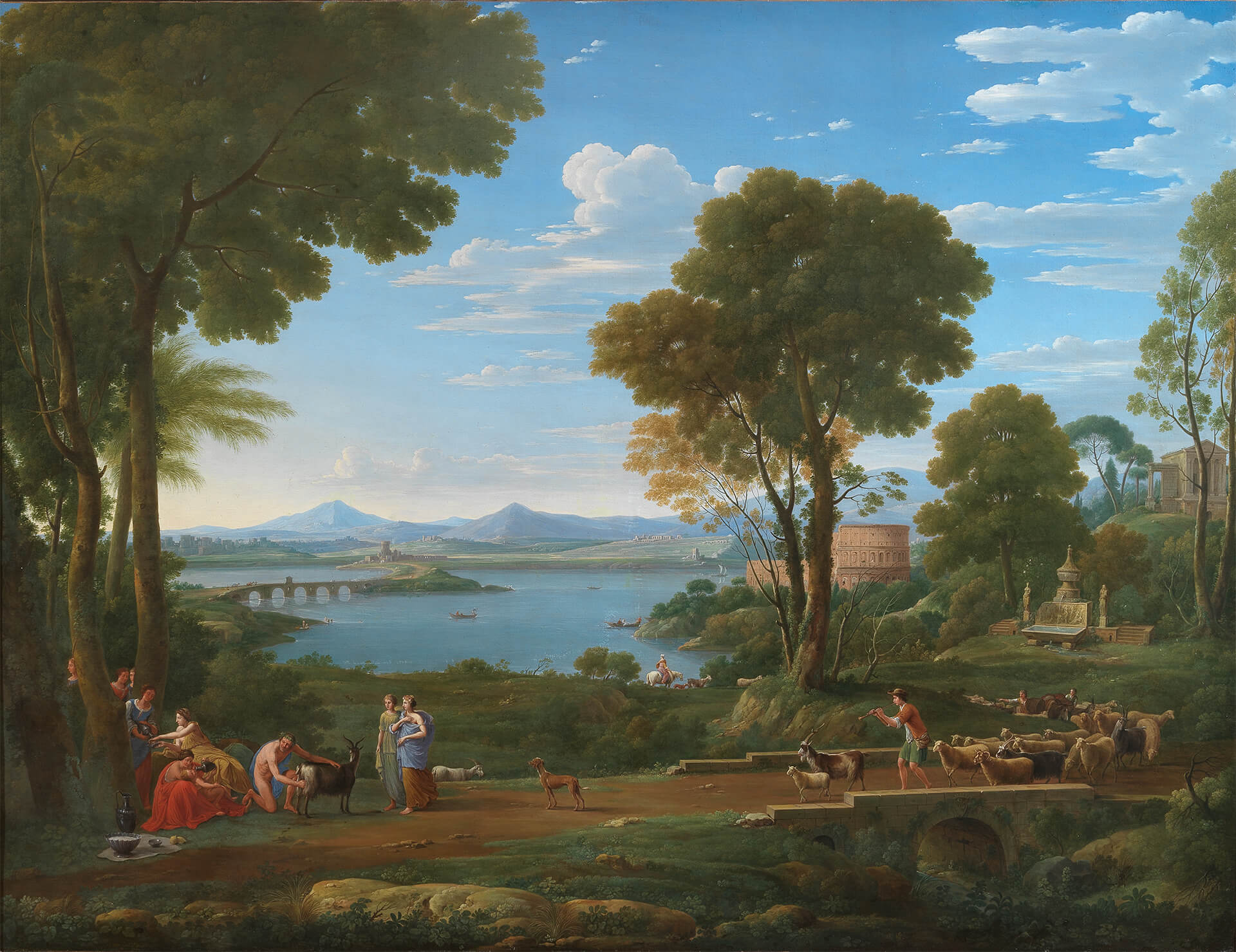 An Italianate landscape with the nurture of Jupiter and a goatherd leading his flock, a capriccio of the Colosseum in the background