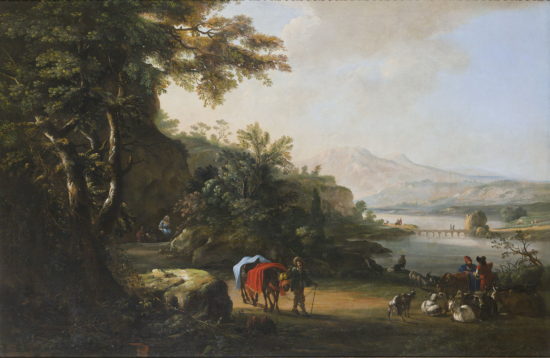 Landscape with a traveller and two donkeys near a stream