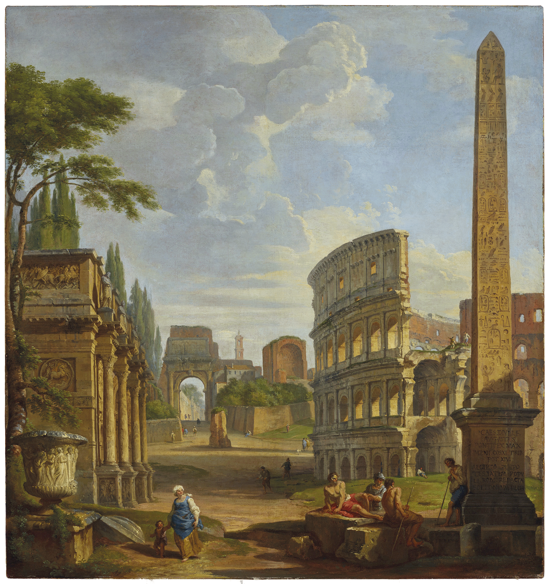 A capriccio view of the Forum, Rome, with the Arch of Costantine, the Arch of Titus, the Palazzo Senatorio, the Meta Sudans, the Temple of Venus and Roma, the Colosseum and an obelisk