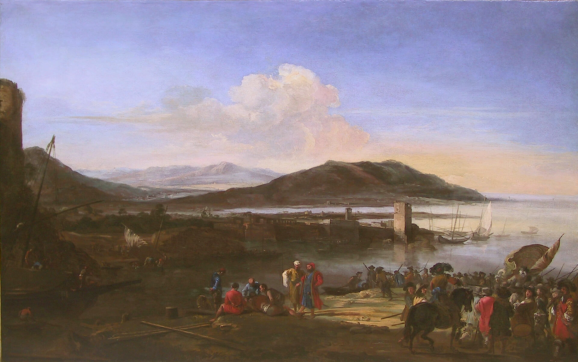Mediterranean harbour with merchants and horsemen