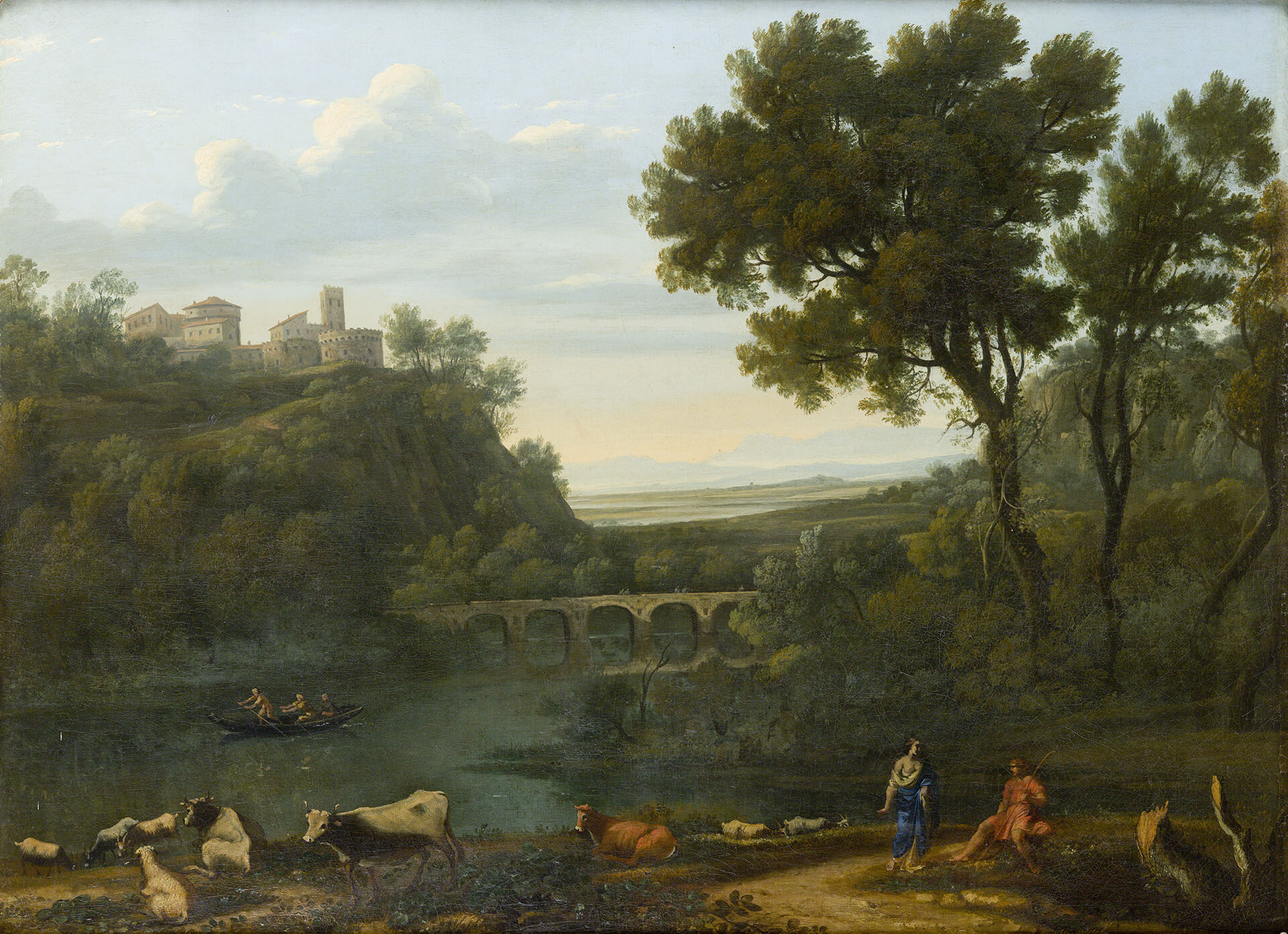 A roman landscape with a small town, an aqueduct, and a shepard on the bank of a river