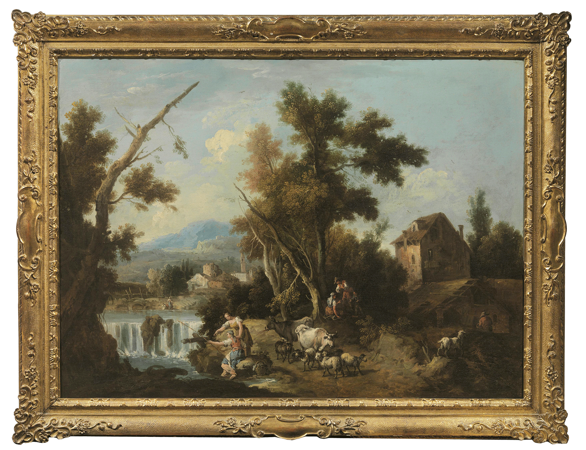 Wooden Landscape with farmers near a river